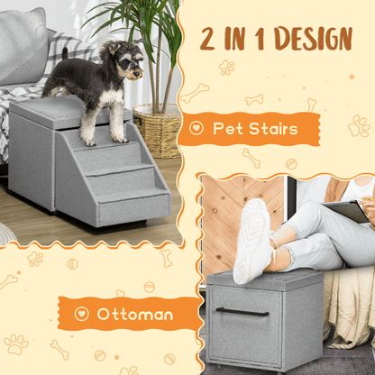 PawHut 2 in 1 Dog Steps Ottoman, 4 Tiers Pet Stairs for Small Medium Dogs and Cats, Pet Ladder w/ Storage Basket, Soft Washable Cushion, for High Bed, Sofa - Light Grey