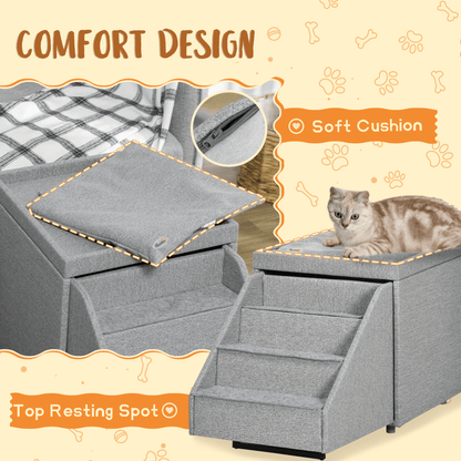 PawHut 2 in 1 Dog Steps Ottoman, 4 Tiers Pet Stairs for Small Medium Dogs and Cats, Pet Ladder w/ Storage Basket, Soft Washable Cushion, for High Bed, Sofa - Light Grey