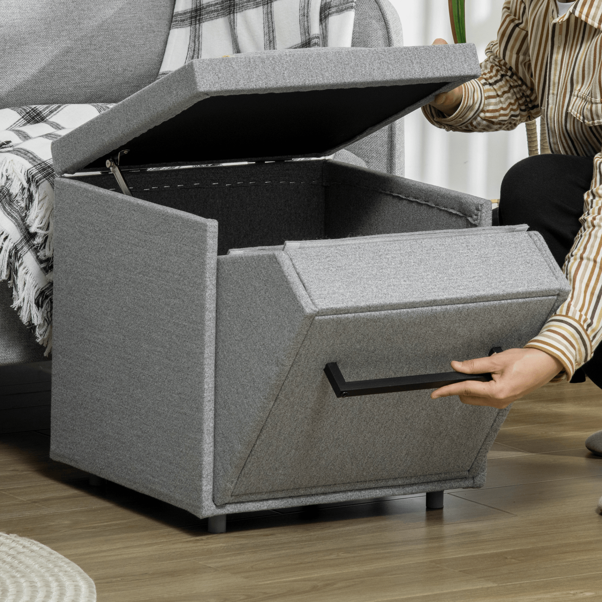 PawHut 2 in 1 Dog Steps Ottoman, 4 Tiers Pet Stairs for Small Medium Dogs and Cats, Pet Ladder w/ Storage Basket, Soft Washable Cushion, for High Bed, Sofa - Light Grey