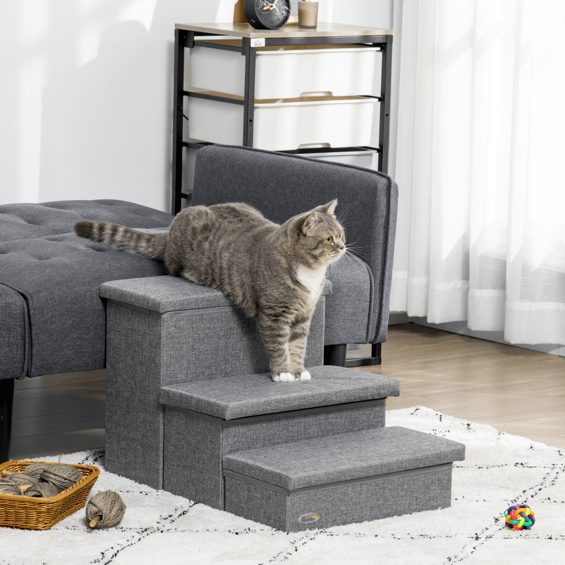 PawHut 3 Step Dog Steps with Storage Boxes, Cat Stairs for Bed, Pet Ladder for Couch, Sofa Light Grey