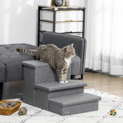 PawHut 3 Step Dog Steps with Storage Boxes, Cat Stairs for Bed, Pet Ladder for Couch, Sofa Light Grey