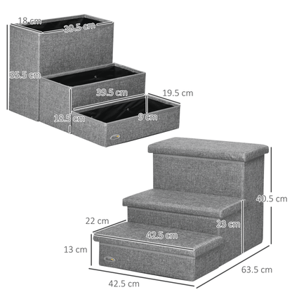 PawHut 3 Step Dog Steps with Storage Boxes, Cat Stairs for Bed, Pet Ladder for Couch, Sofa Light Grey