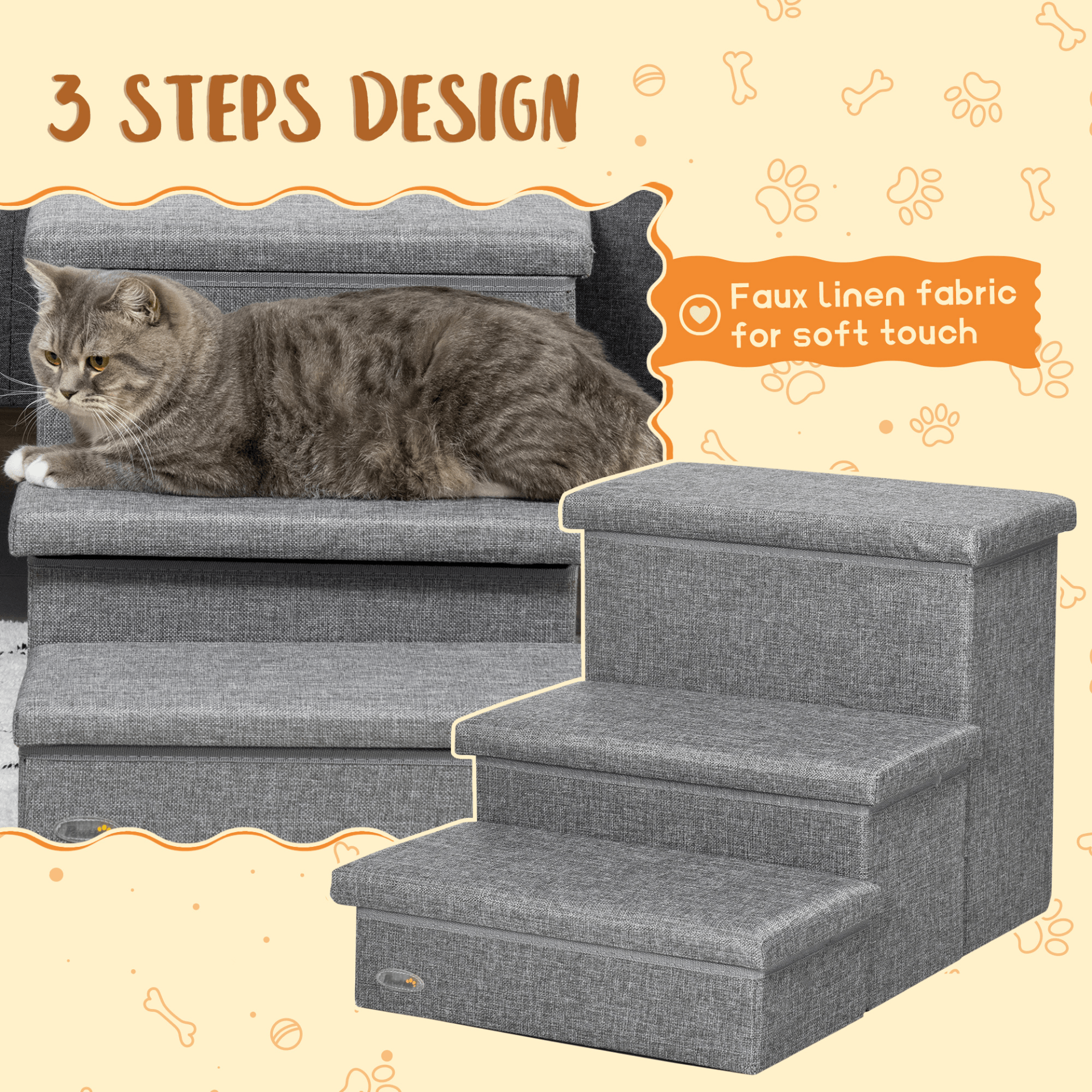 PawHut 3 Step Dog Steps with Storage Boxes, Cat Stairs for Bed, Pet Ladder for Couch, Sofa Light Grey