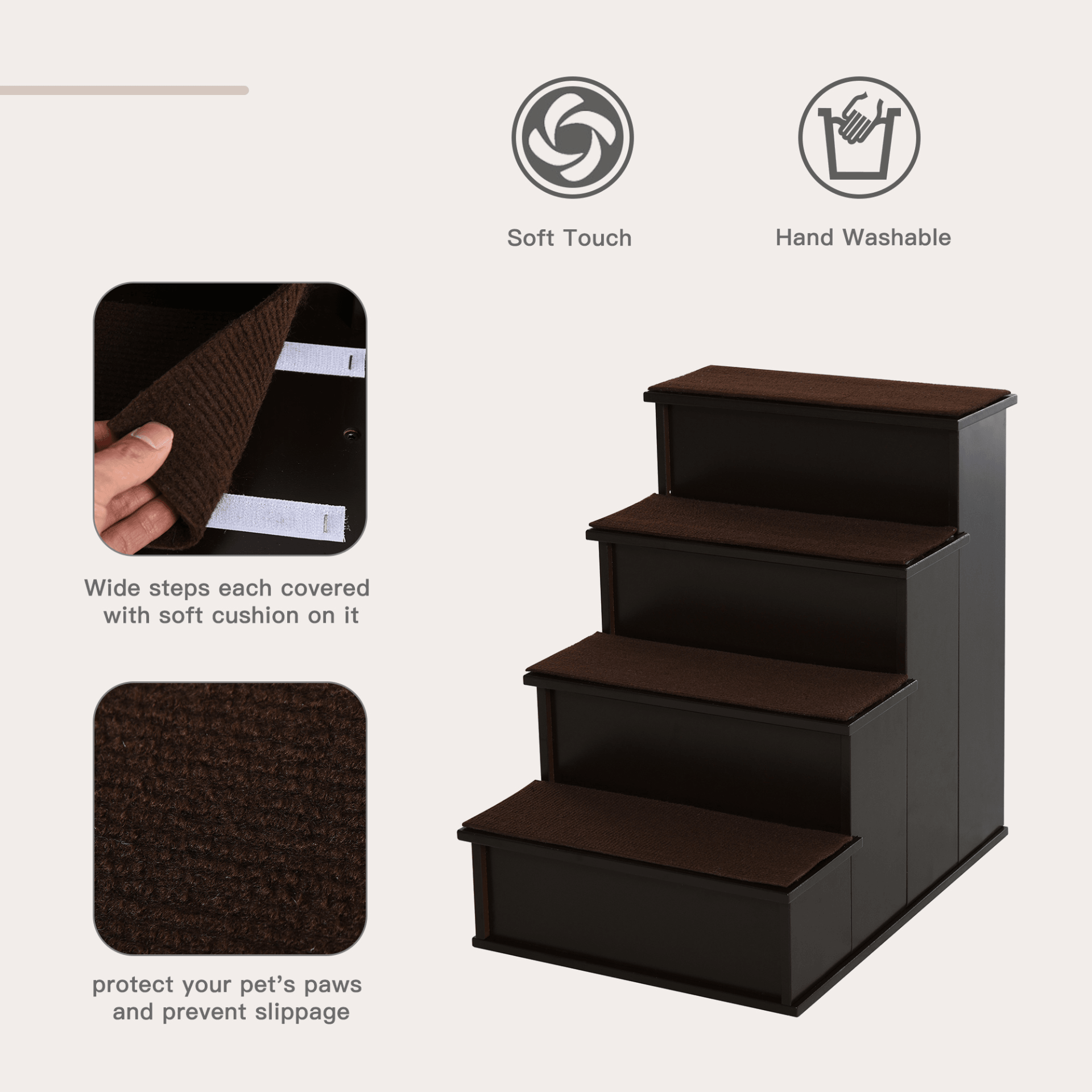 PawHut 4 Step Wooden Dog Steps Pet Stairs for Dogs, Cat Ladder for Bed Couch with Non-Slip Carpet 40 x 59 x 54.2 cm, Dark brown