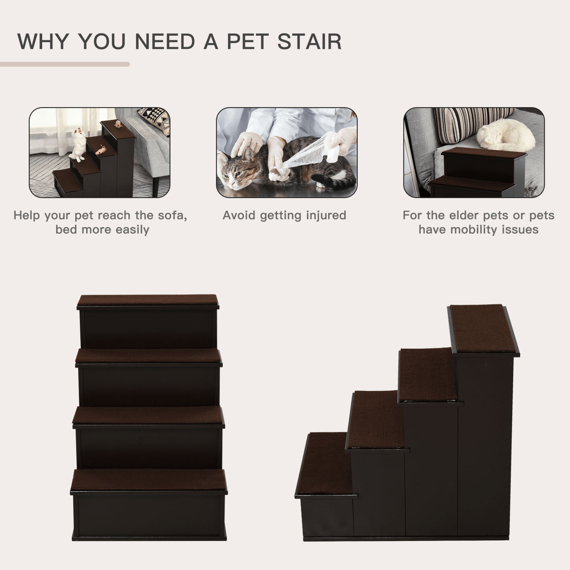 PawHut 4 Step Wooden Dog Steps Pet Stairs for Dogs, Cat Ladder for Bed Couch with Non-Slip Carpet 40 x 59 x 54.2 cm, Dark brown