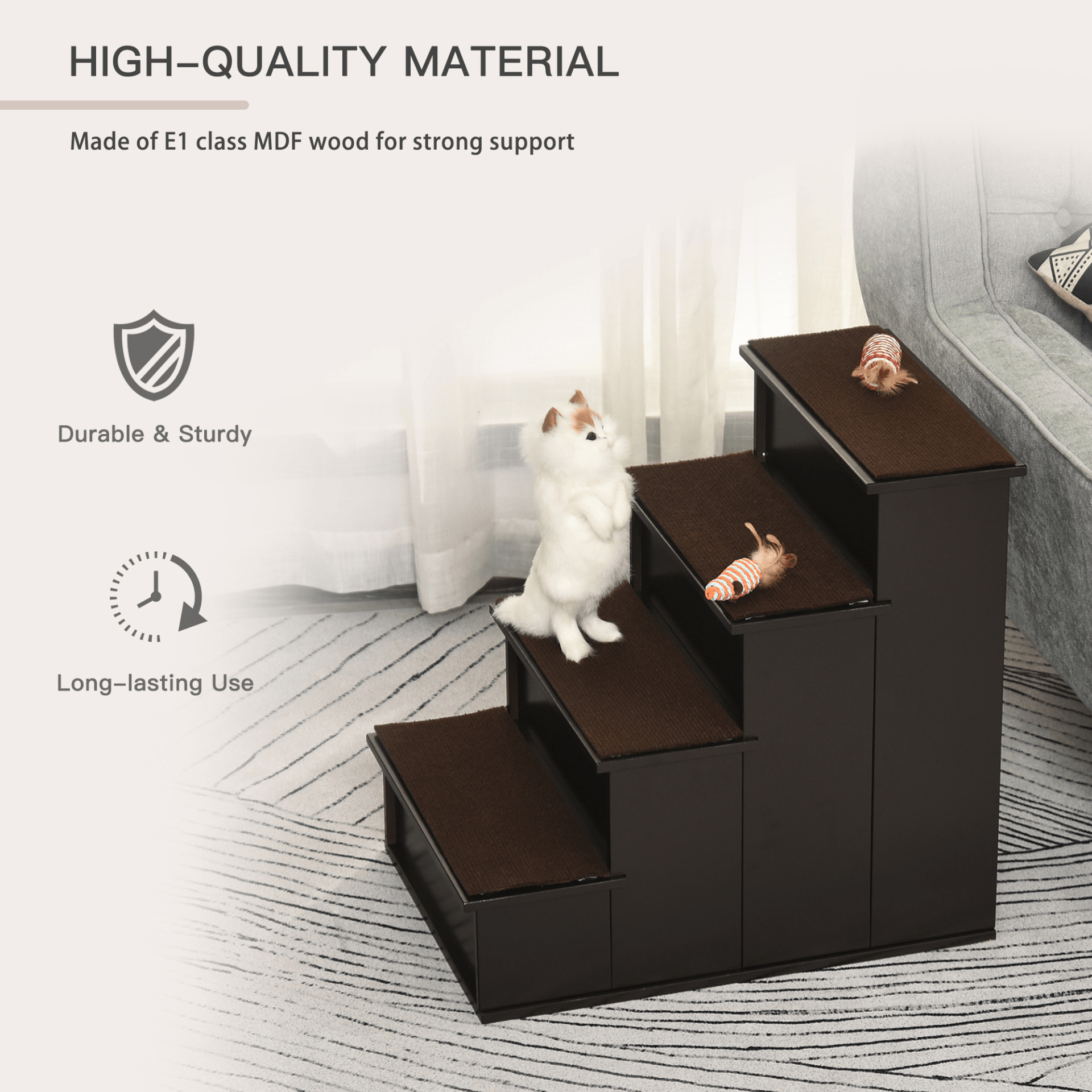 PawHut 4 Step Wooden Dog Steps Pet Stairs for Dogs, Cat Ladder for Bed Couch with Non-Slip Carpet 40 x 59 x 54.2 cm, Dark brown