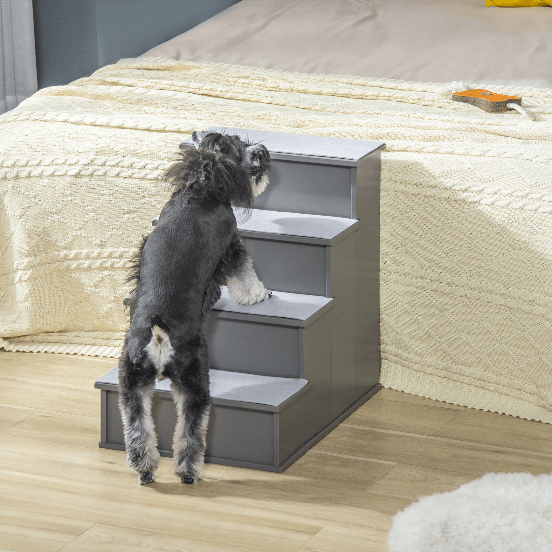 PawHut 4 Step Wooden Dog Steps Pet Stairs for Dogs, Cat Ladder for Bed Couch with Non-Slip Carpet 40 x 59 x 54.2 cm, Grey