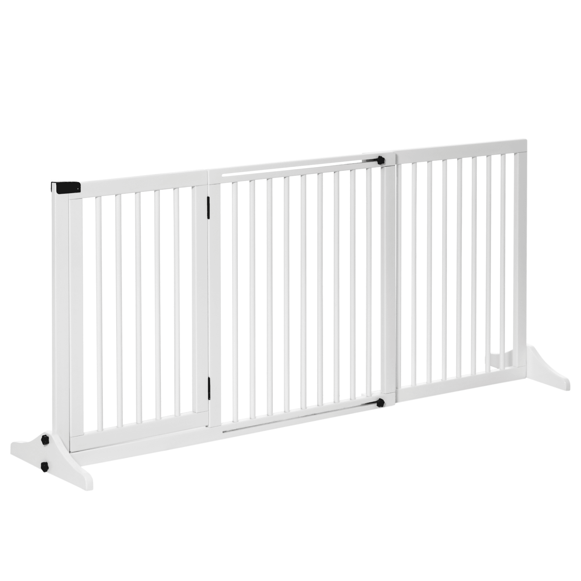 PawHut Adjustable Wooden Pet Gate Freestanding Dog Barrier Fence Doorway 3 Panels Safety Gate w/ Lockable Door White 71H x 113-166W cm