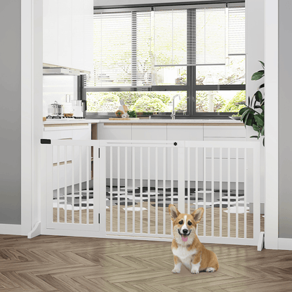 PawHut Adjustable Wooden Pet Gate Freestanding Dog Barrier Fence Doorway 3 Panels Safety Gate w/ Lockable Door White 71H x 113-166W cm