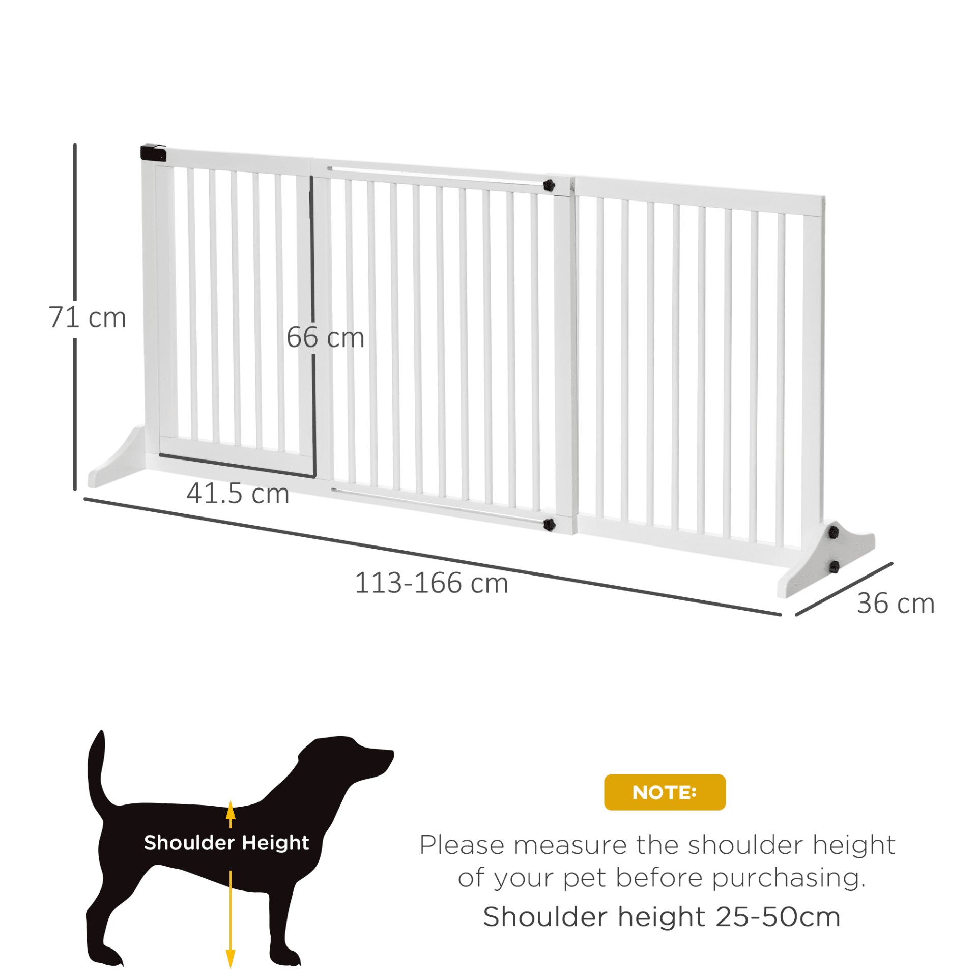 PawHut Adjustable Wooden Pet Gate Freestanding Dog Barrier Fence Doorway 3 Panels Safety Gate w/ Lockable Door White 71H x 113-166W cm