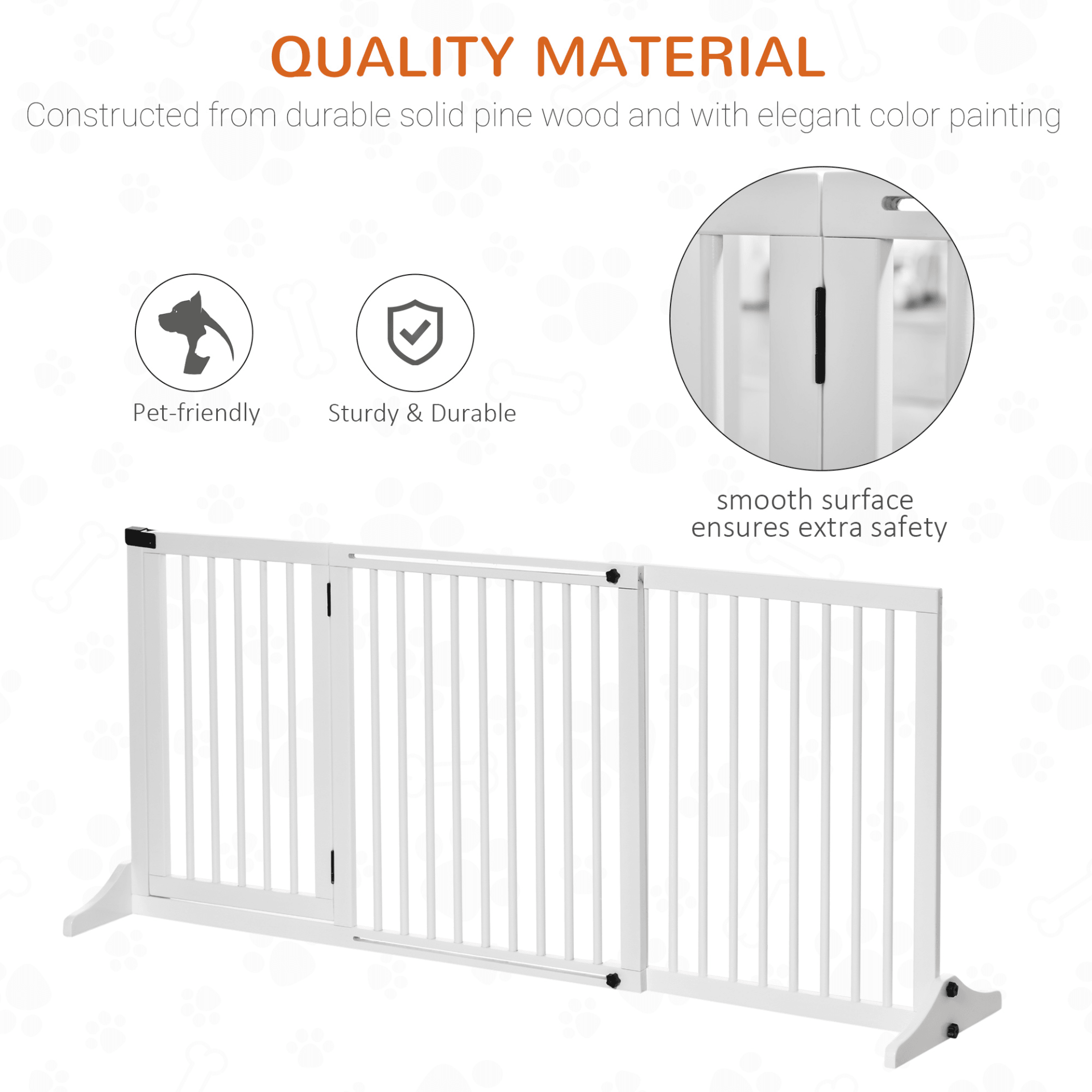 PawHut Adjustable Wooden Pet Gate Freestanding Dog Barrier Fence Doorway 3 Panels Safety Gate w/ Lockable Door White 71H x 113-166W cm