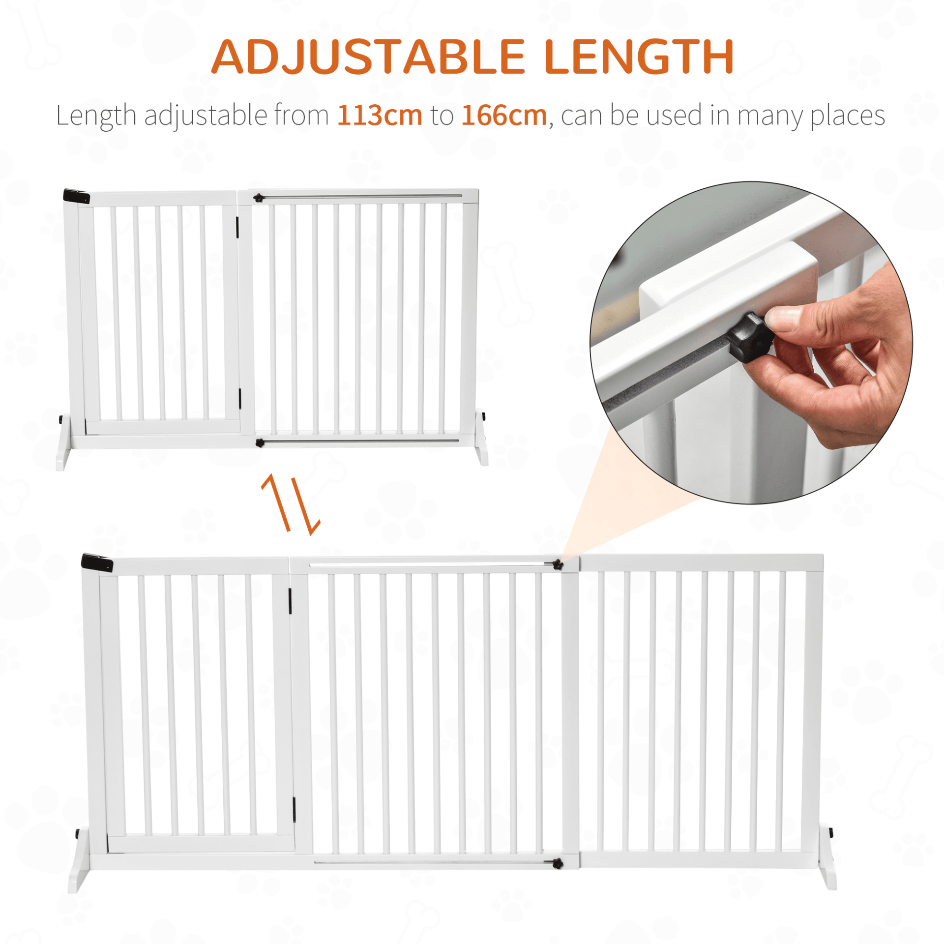 PawHut Adjustable Freestanding Wooden Pet Gate - 3 Panels Safety Gate with Lockable Door | White 166L x 36W x 71H cm - FluffePet