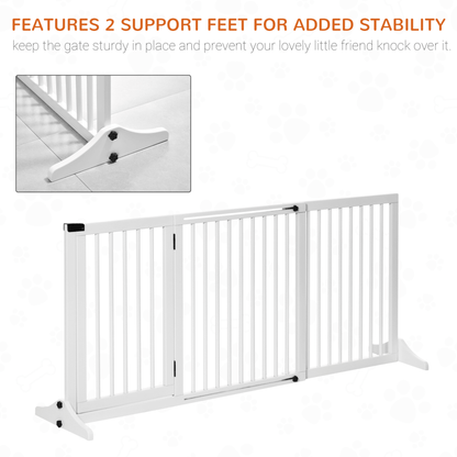 PawHut Adjustable Freestanding Wooden Pet Gate - 3 Panels Safety Gate with Lockable Door | White 166L x 36W x 71H cm - FluffePet