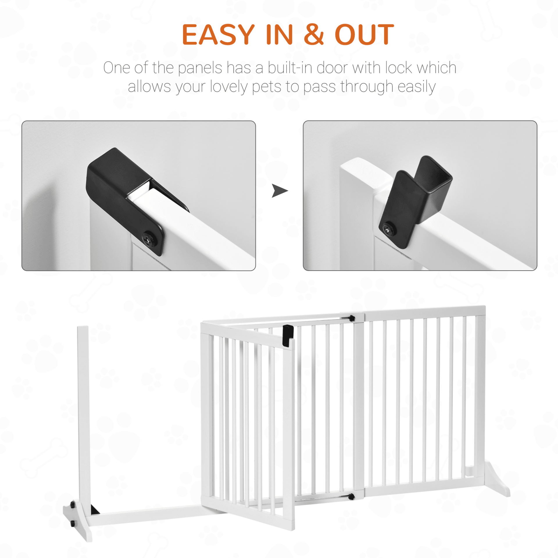 PawHut Adjustable Freestanding Wooden Pet Gate - 3 Panels Safety Gate with Lockable Door | White 166L x 36W x 71H cm - FluffePet