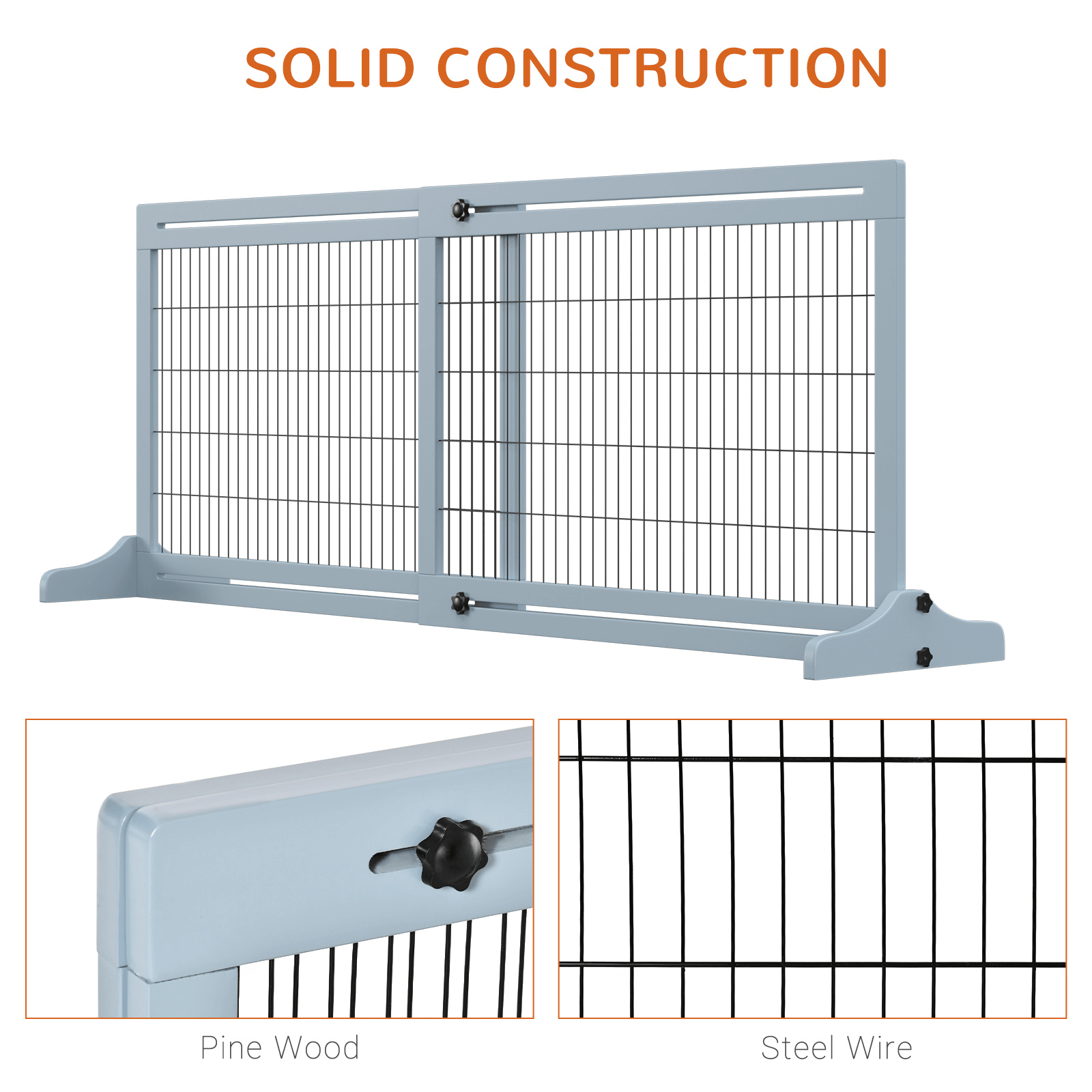 PawHut Adjustable Wooden Pet Gate, Freestanding Dog Barrier Fence with 2 Panels for Doorway, Hallway, 69H x 104-183 cm, Blue-grey