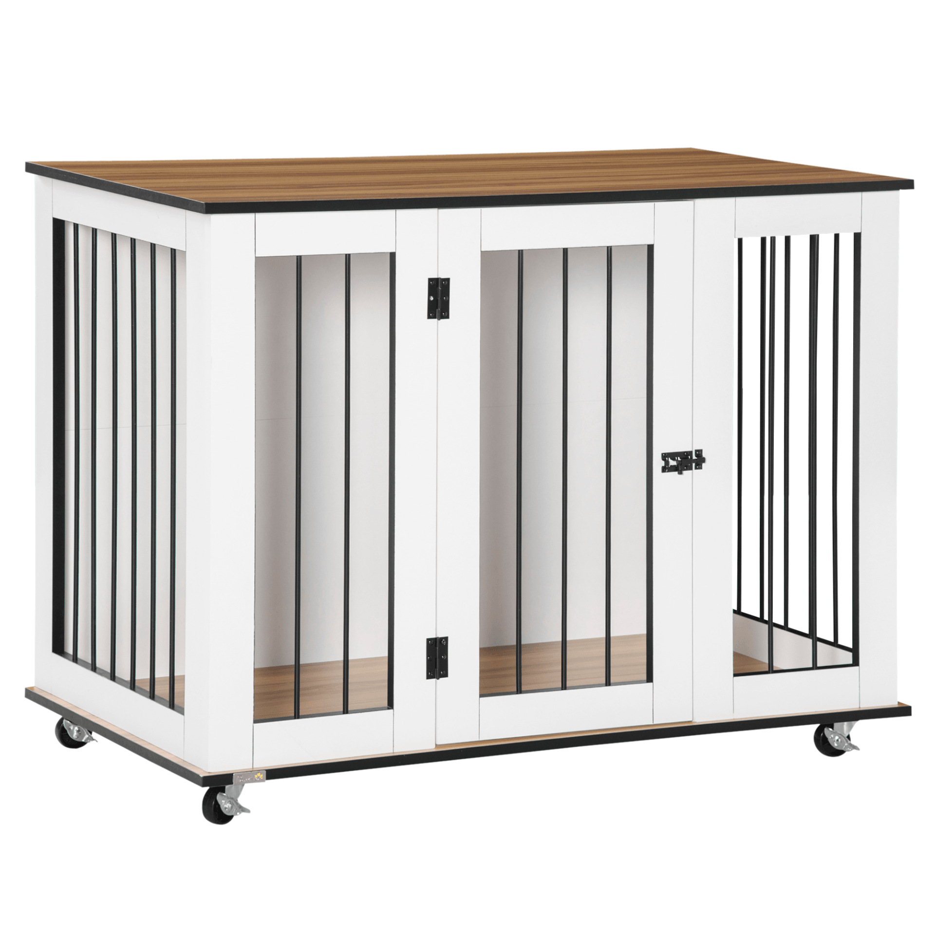 PawHut Dog Cage End Table w/ Five Wheels Dog Crate Furniture for Large Dogs with Lockable Door White