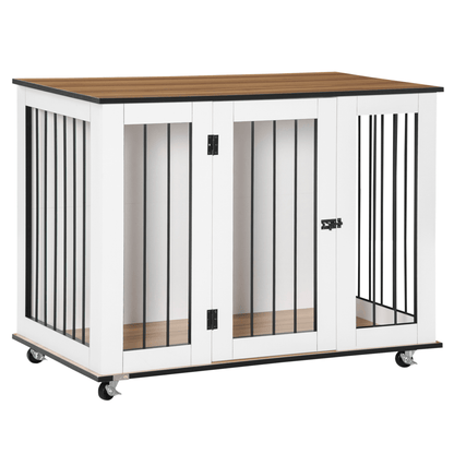 PawHut Dog Cage End Table w/ Five Wheels Dog Crate Furniture for Large Dogs with Lockable Door White