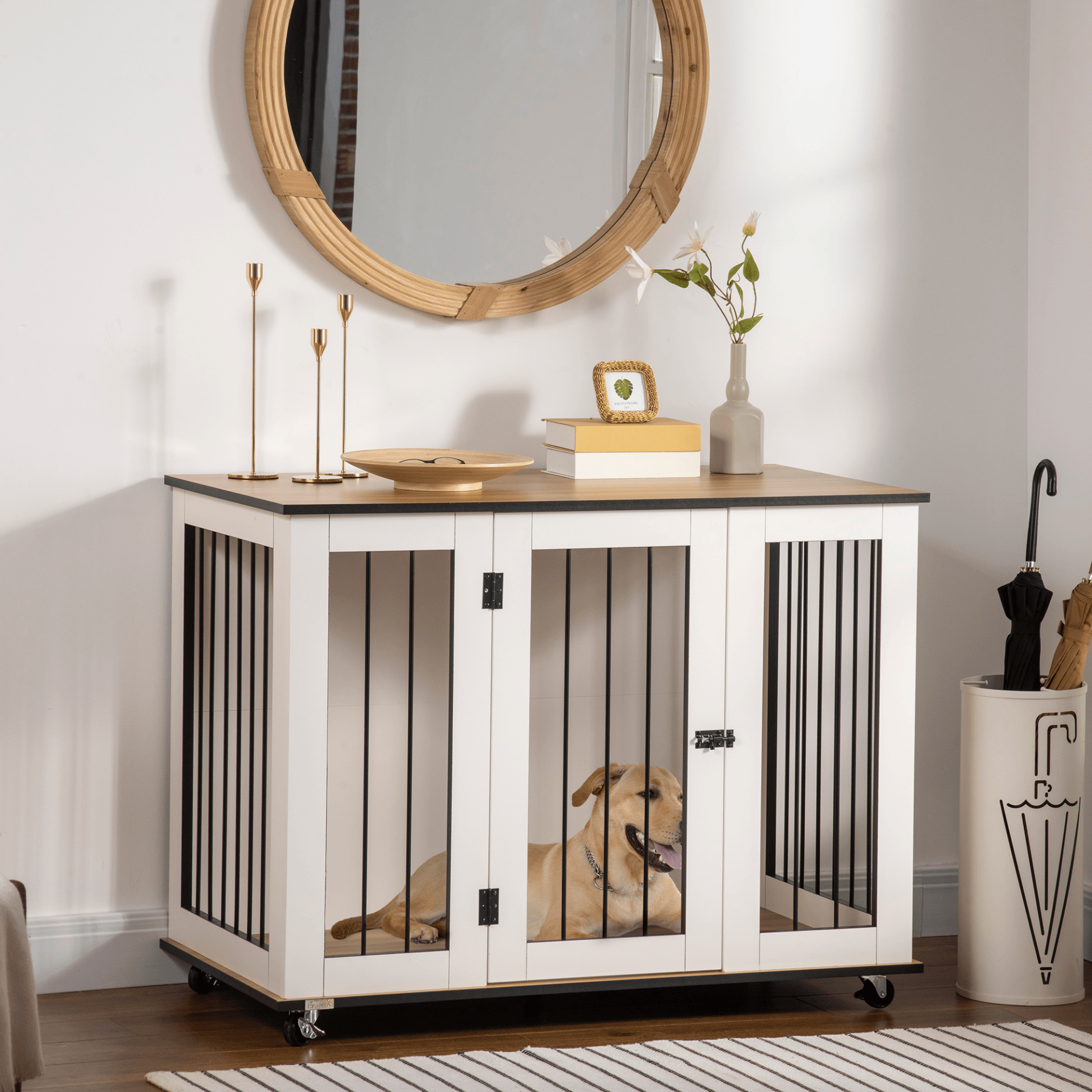 PawHut Dog Cage End Table w/ Five Wheels Dog Crate Furniture for Large Dogs with Lockable Door White