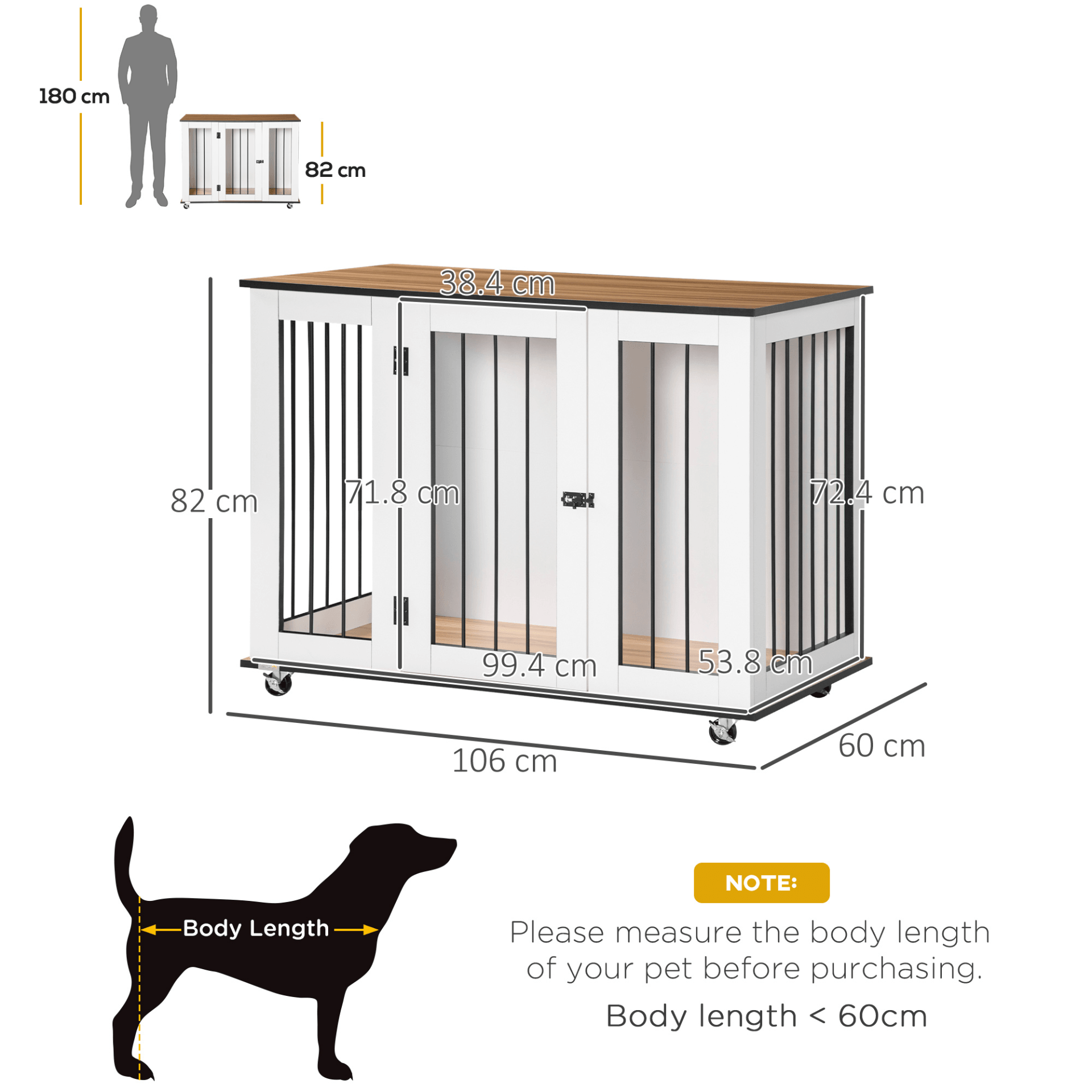 PawHut Dog Cage End Table w/ Five Wheels Dog Crate Furniture for Large Dogs with Lockable Door White