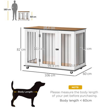 PawHut Dog Cage End Table w/ Five Wheels Dog Crate Furniture for Large Dogs with Lockable Door White