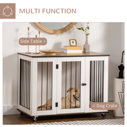 PawHut Dog Cage End Table w/ Five Wheels Dog Crate Furniture for Large Dogs with Lockable Door White