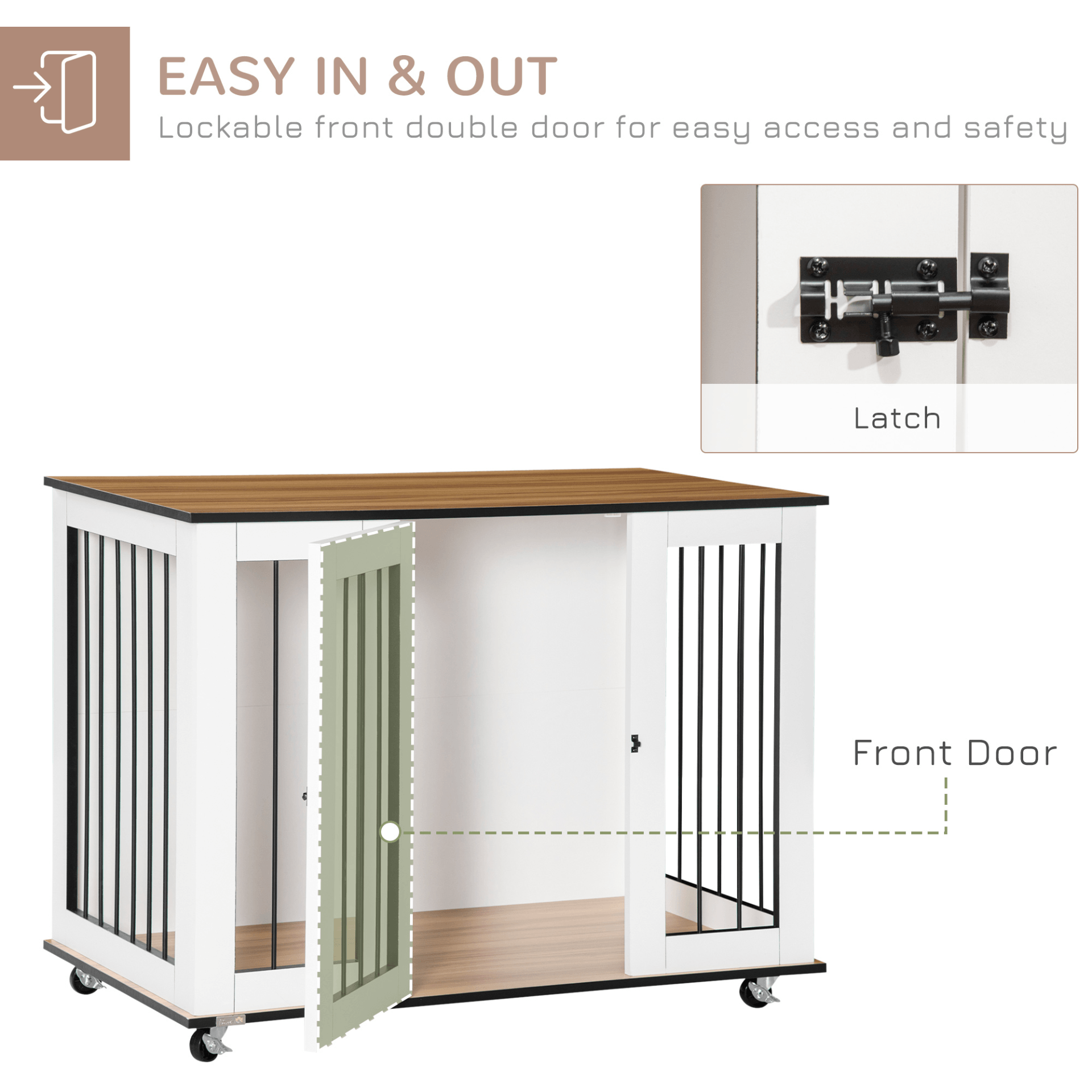 PawHut Dog Cage End Table w/ Five Wheels Dog Crate Furniture for Large Dogs with Lockable Door White