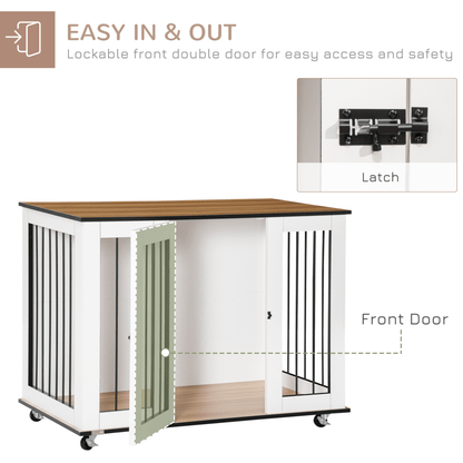 PawHut Dog Cage End Table w/ Five Wheels Dog Crate Furniture for Large Dogs with Lockable Door White