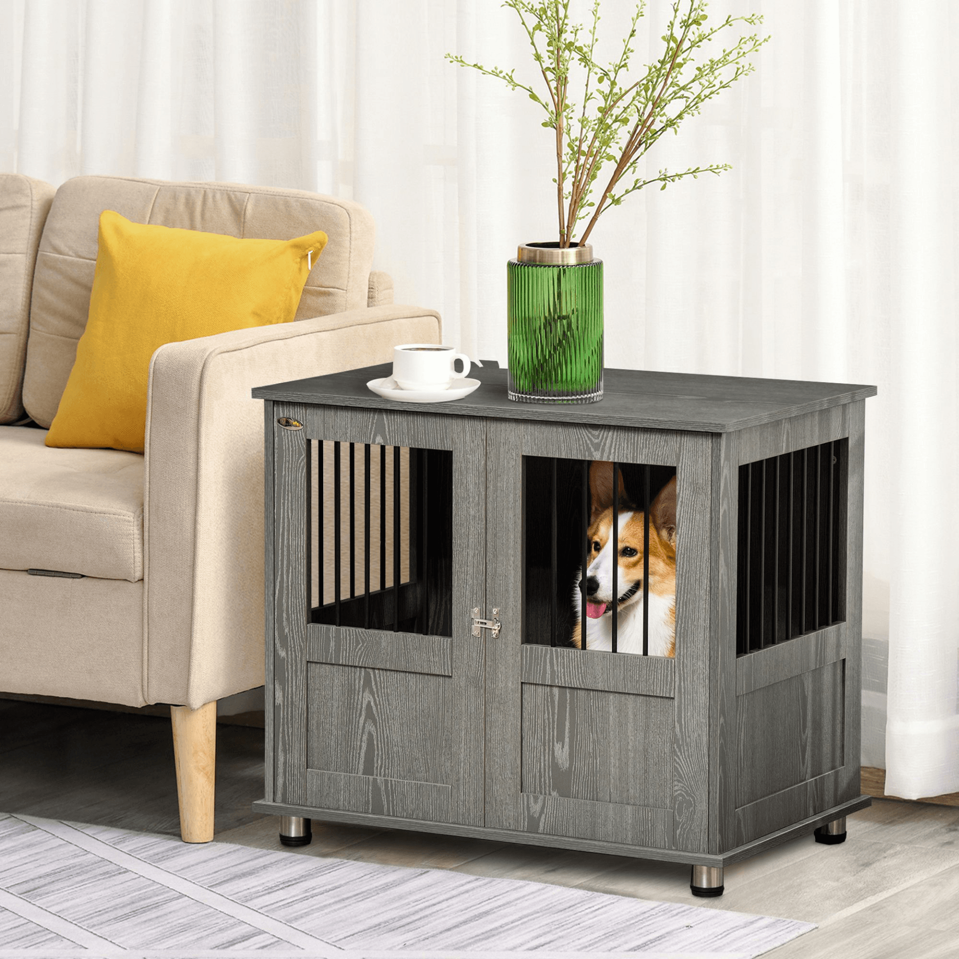 PawHut Dog Crate Furniture End Table for Small and Medium Dogs with Magnetic Door Grey