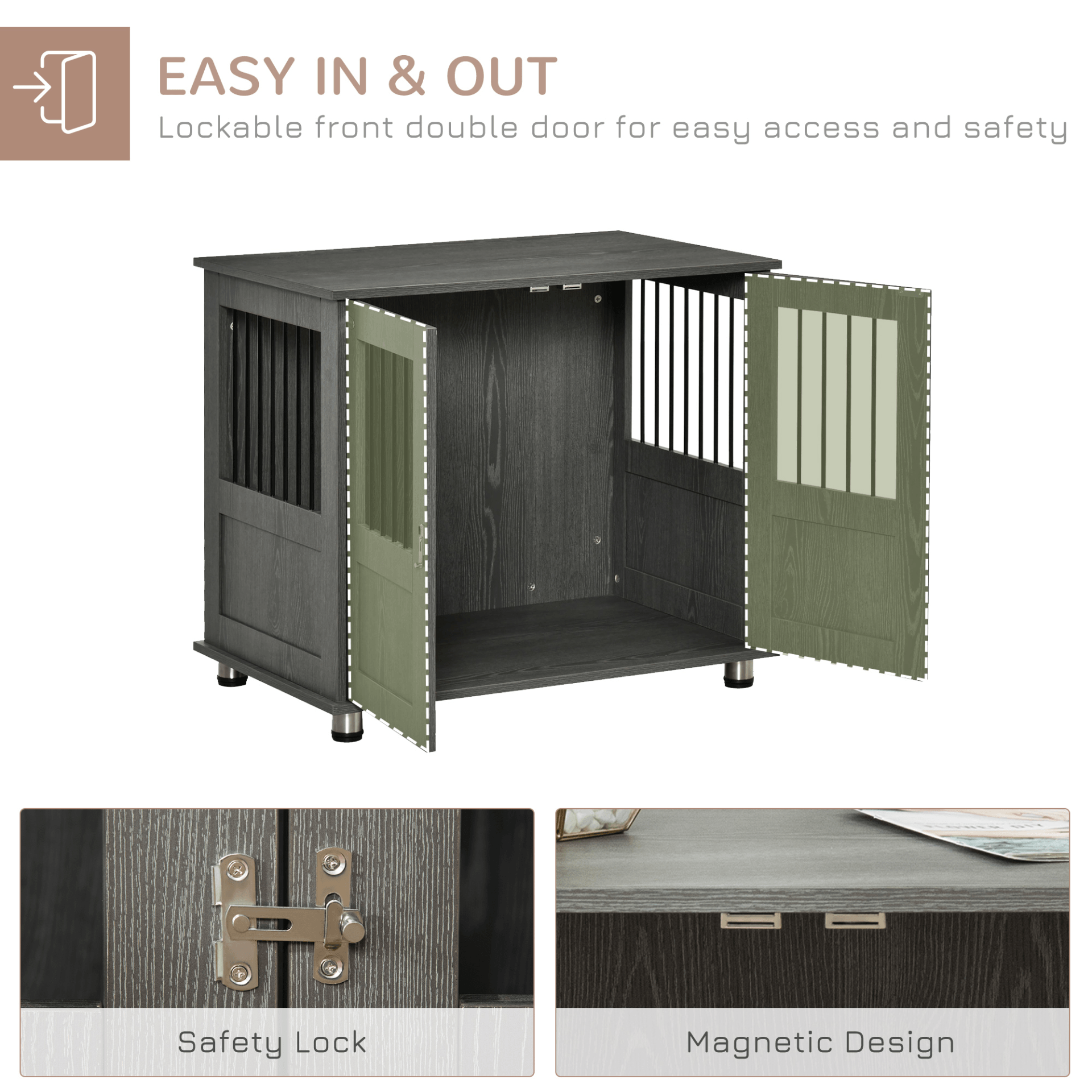 PawHut Dog Crate Furniture End Table for Small and Medium Dogs with Magnetic Door Grey