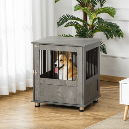 PawHut Wooden Dog Crate Furniture End Table with Magnetic Door Grey