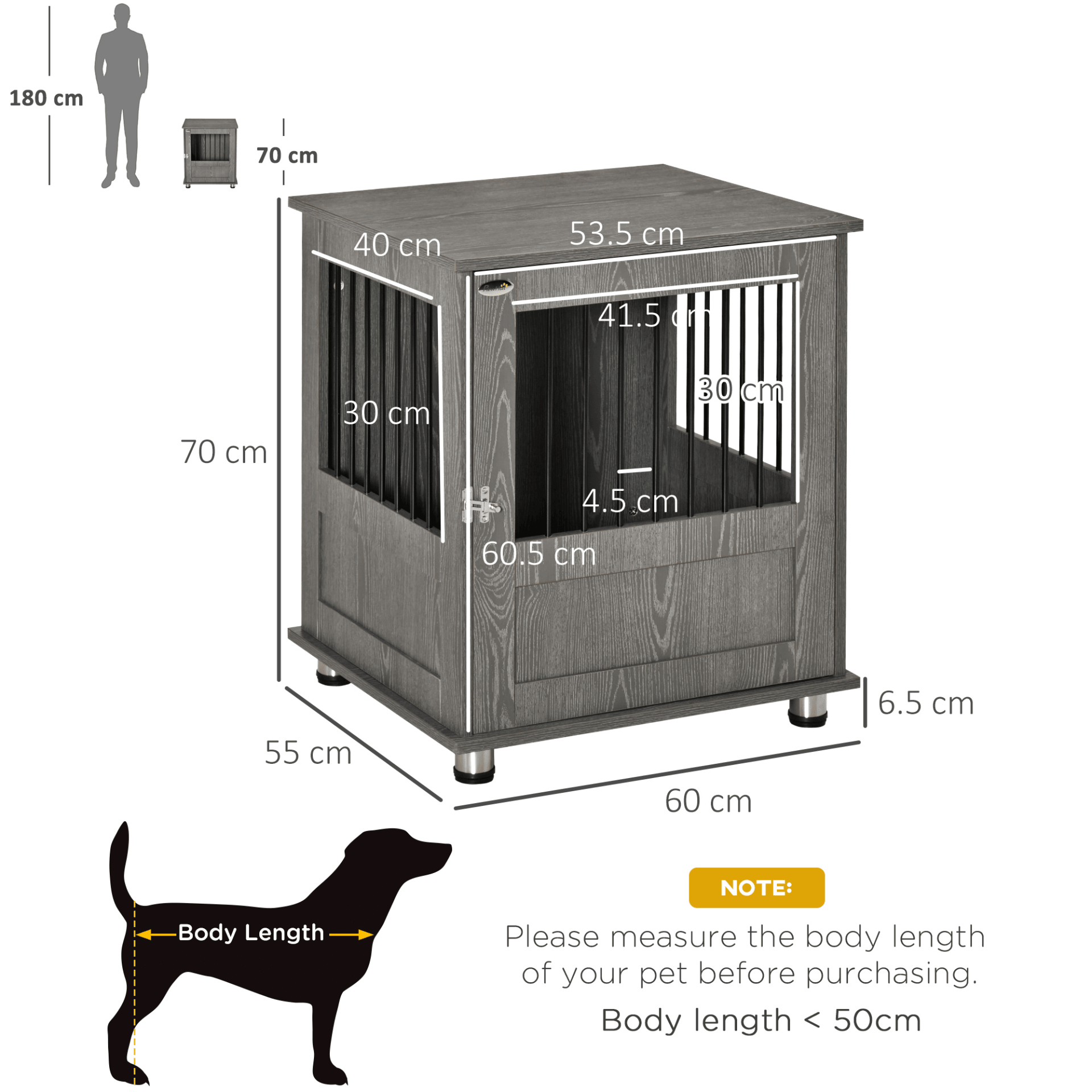 PawHut Wooden Dog Crate Furniture End Table with Magnetic Door Grey