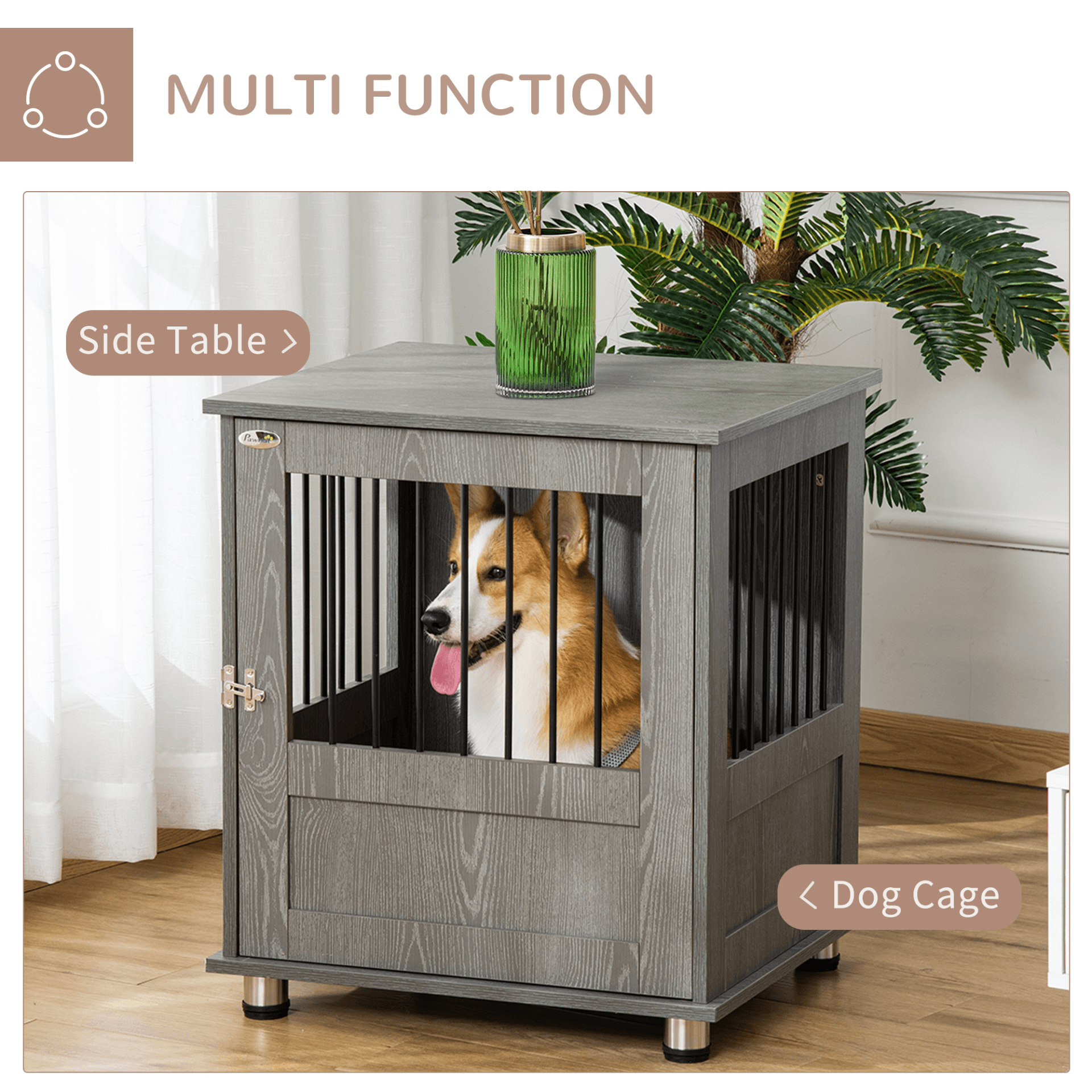 PawHut Wooden Dog Crate Furniture End Table with Magnetic Door Grey