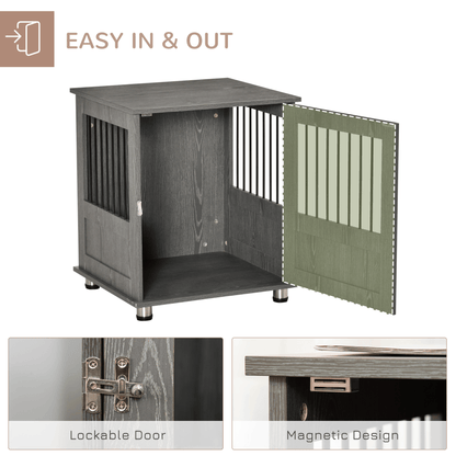 PawHut Wooden Dog Crate Furniture End Table with Magnetic Door Grey