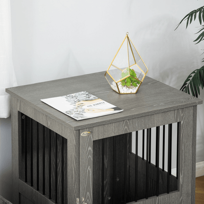 PawHut Dog Crate Furniture End Table with Magnetic Door | Grey 70H x 60W x 55D cm - FluffePet