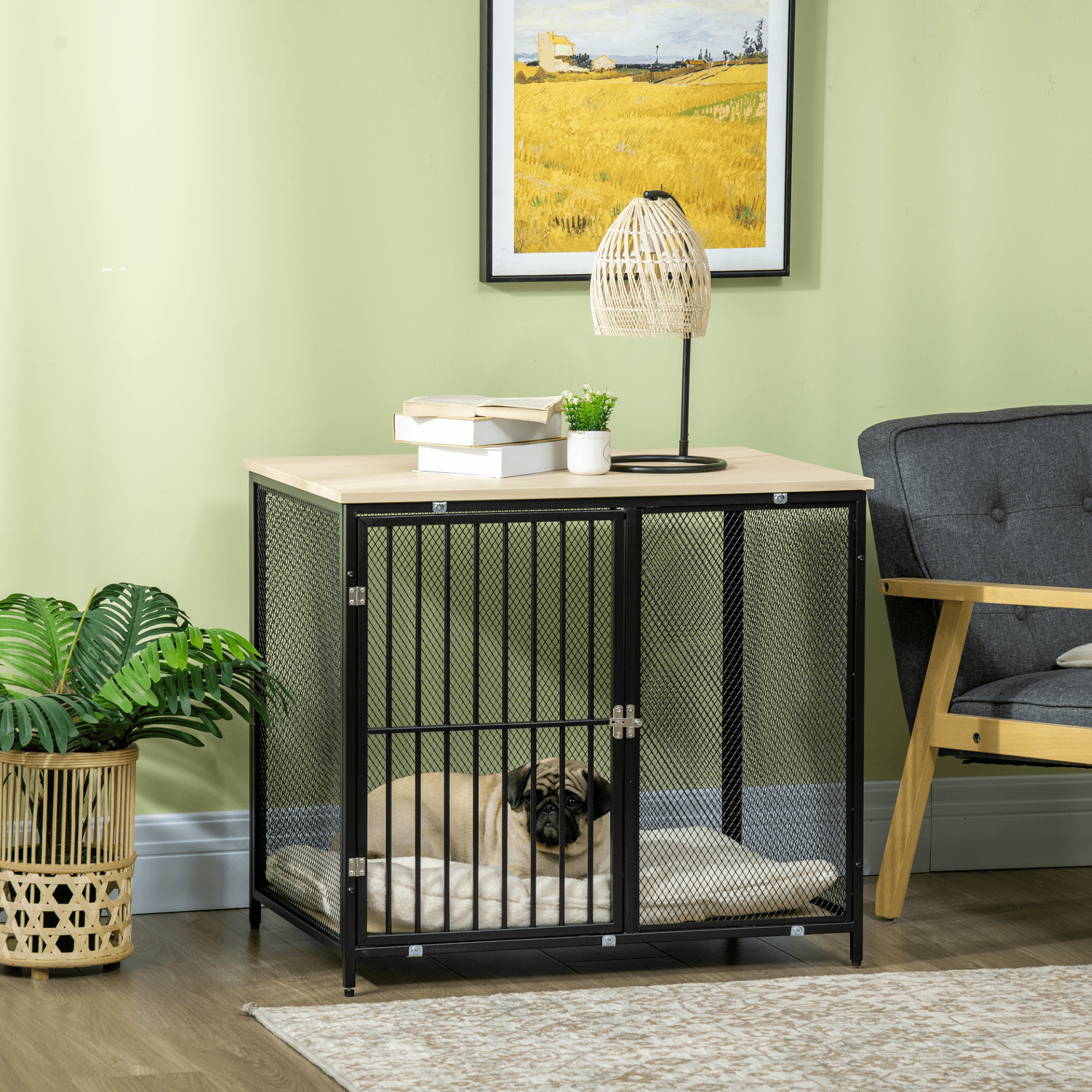 PawHut Dog Crate Furniture Side End Table Indoor w/ Soft Washable Cushion Wire Mesh for Small and Medium Dogs