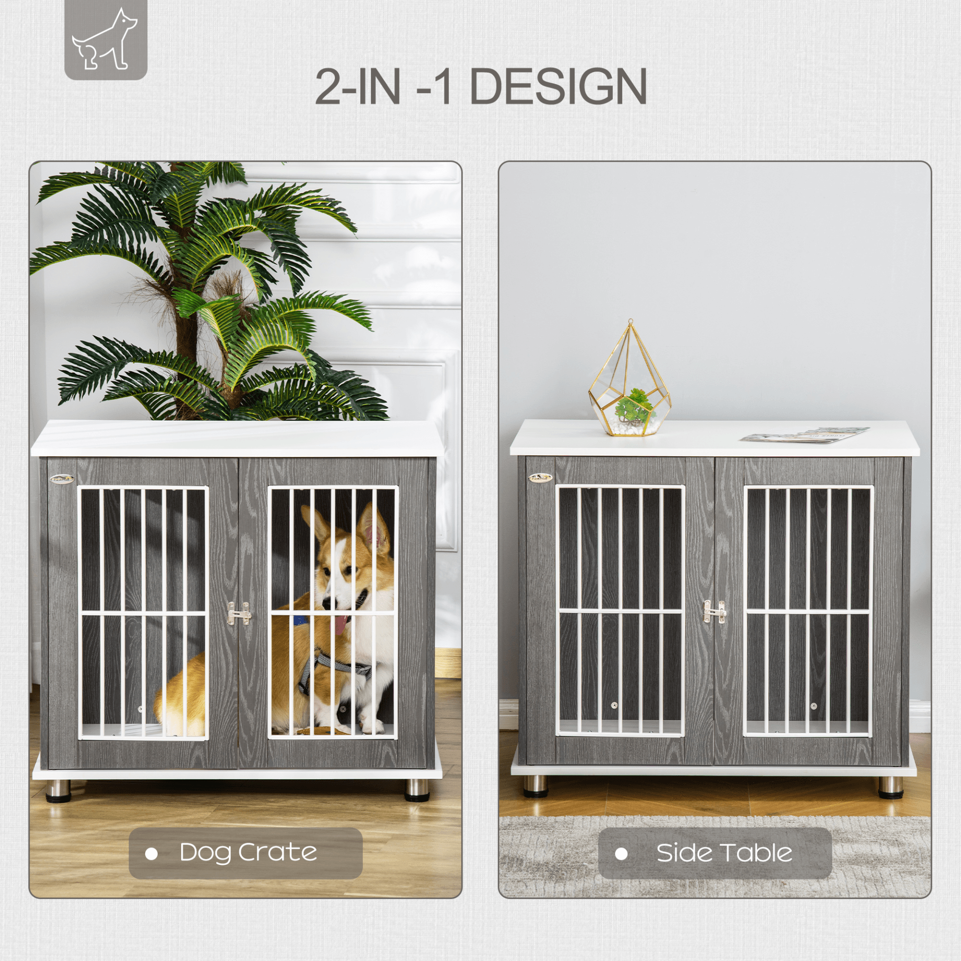 PawHut Dog Crate Wooden Pet Kennel Cage End Table w/ Lockable Door for Small Medium Dog Grey & White 85 x 55 x 75 cm