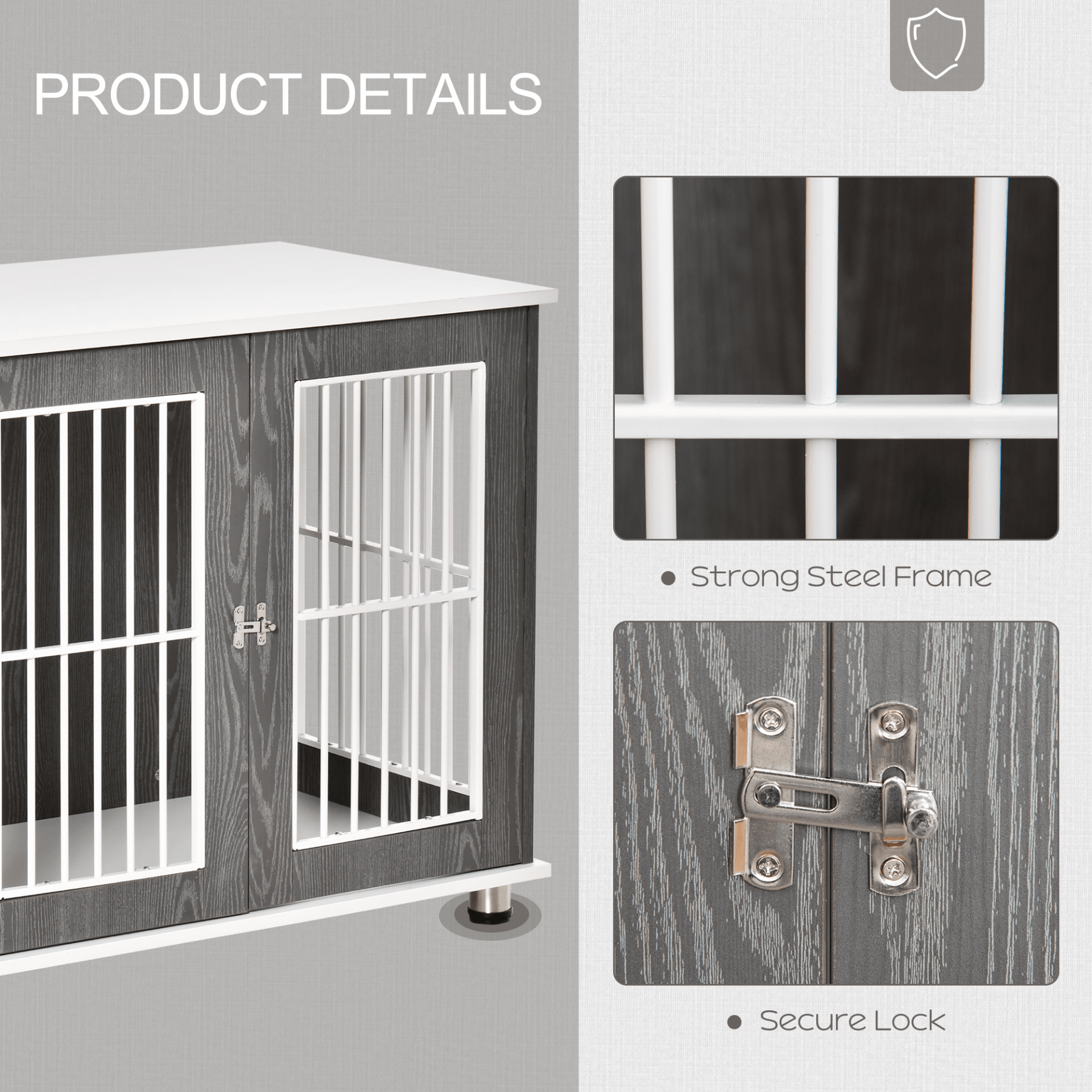 PawHut Dog Crate Wooden Pet Kennel Cage End Table w/ Lockable Door for Small Medium Dog | Grey & White 85W x 55D x 75H cm - FluffePet