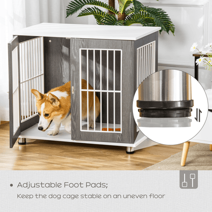 PawHut Dog Crate Wooden Pet Kennel Cage End Table w/ Lockable Door for Small Medium Dog | Grey & White 85W x 55D x 75H cm - FluffePet