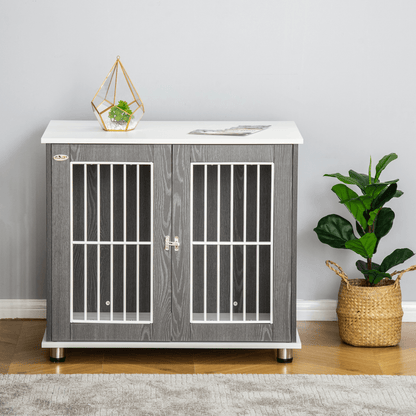 PawHut Dog Crate Wooden Pet Kennel Cage End Table w/ Lockable Door for Small Medium Dog | Grey & White 85W x 55D x 75H cm - FluffePet