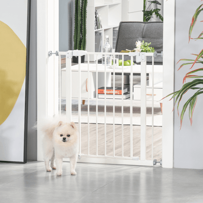 PawHut Dog Gate Adjustable Safety Gate Metal Pet Barrier w/ Auto-Close Door Double Locking Easy-Open Doors Stairs Home 74-80cm Wide, White