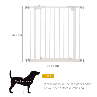 PawHut Dog Gate Adjustable Safety Gate Metal Pet Barrier w/ Auto-Close Door Double Locking Easy-Open Doors Stairs Home 74-80cm Wide, White