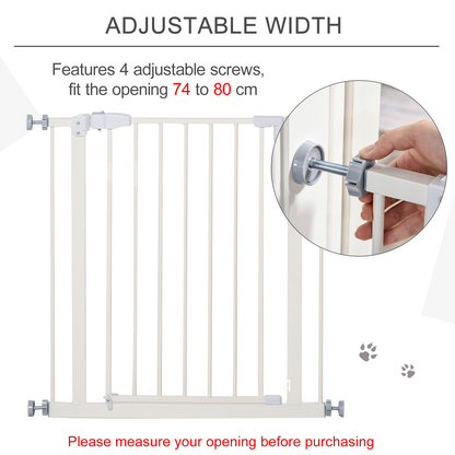 PawHut Dog Gate Adjustable Safety Gate Metal Pet Barrier with Auto-Close Door | White 76.2L x 74-80W cm