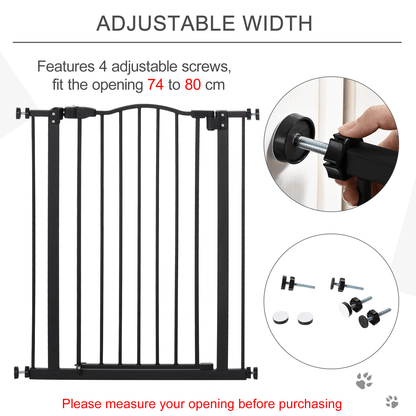 PawHut Dog Gate Pressure Fit Pet Tall Stairs Gate Safety Barrier Auto Close with Double Locking | Black 94cm Extra Tall, 74-80cm Wide - FluffePet