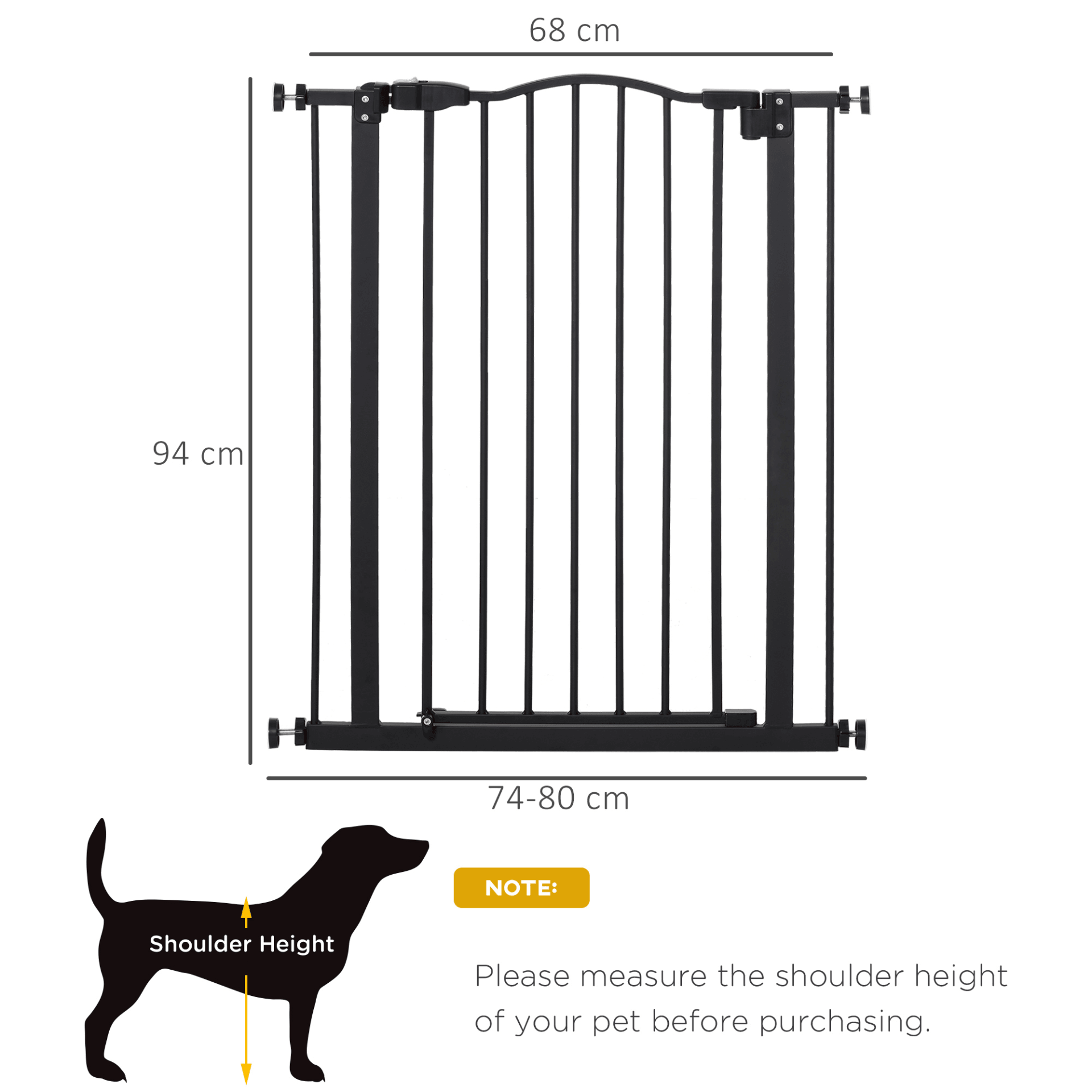 PawHut Dog Gate Pressure Fit Pet Tall Stairs Gate Safety Barrier Auto Close with Double Locking Black 94cm Hight Extra Tall 74-80cm Wide