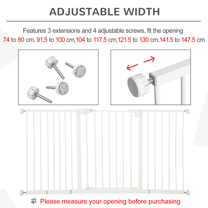 PawHut Dog Gate Stair Gate Pressure Fit Pets Barrier Auto Close for Doorway Hallway | White 74-148cm Wide Adjustable - FluffePet