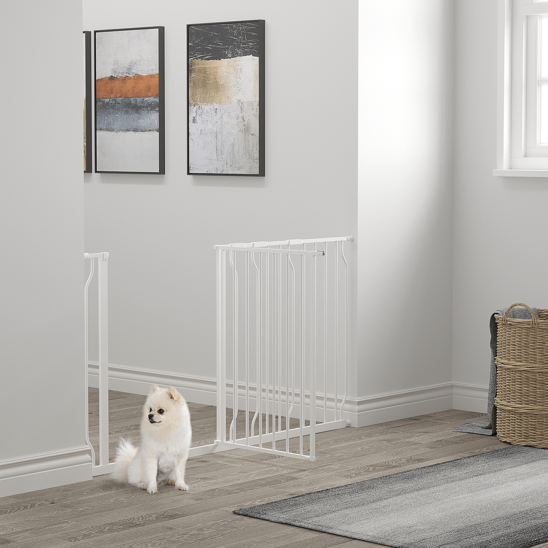 PawHut Dog Gate Wide Stair Gate w/ Door Pressure Fit Pets Barrier for Doorway, Hallway, 76H x 75-145W cm - White