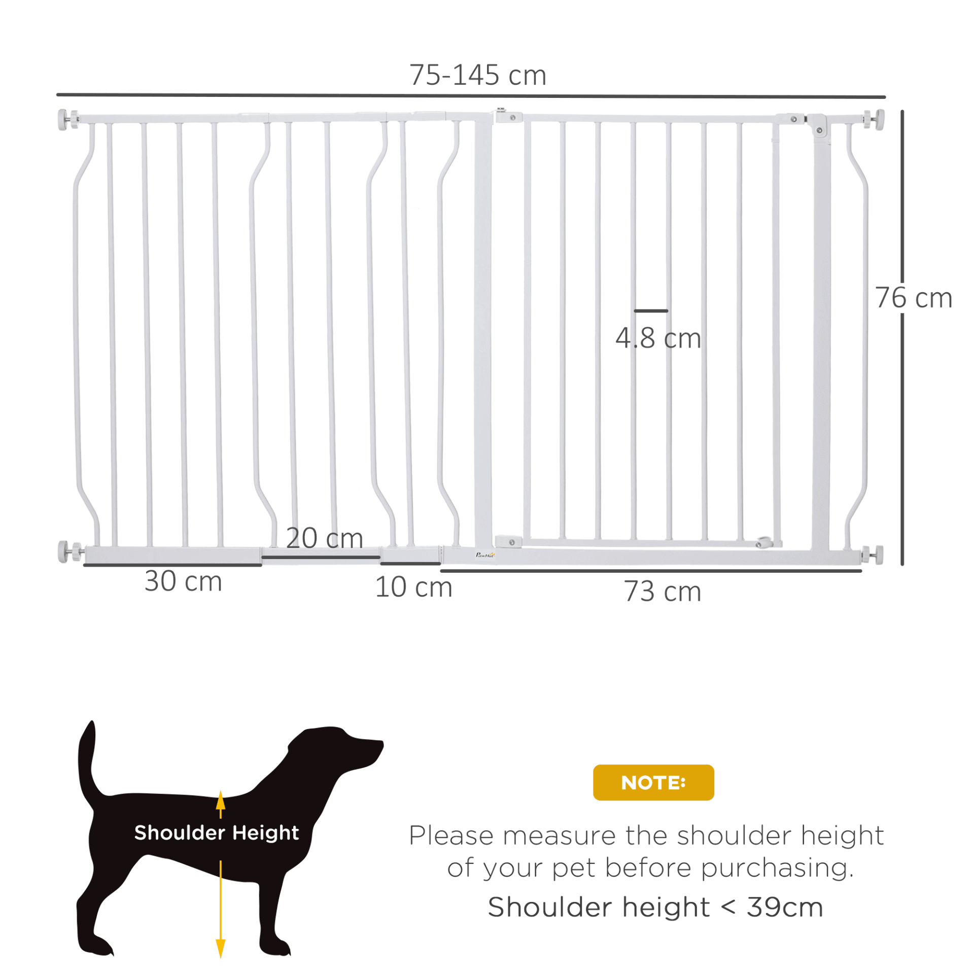 PawHut Dog Gate Wide Stair Gate w/ Door Pressure Fit Pets Barrier for Doorway, Hallway, 76H x 75-145W cm - White