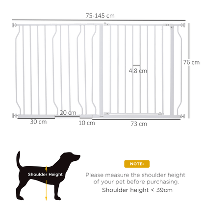 PawHut Dog Gate Wide Stair Gate w/ Door Pressure Fit Pets Barrier for Doorway, Hallway, 76H x 75-145W cm - White