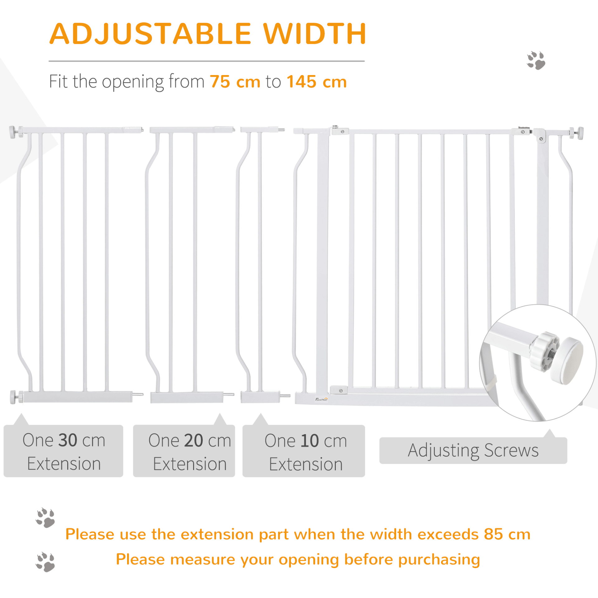 PawHut Dog Gate Wide Stair Gate w/ Door Pressure Fit Pets Barrier for Doorway, Hallway, 76H x 75-145W cm - White