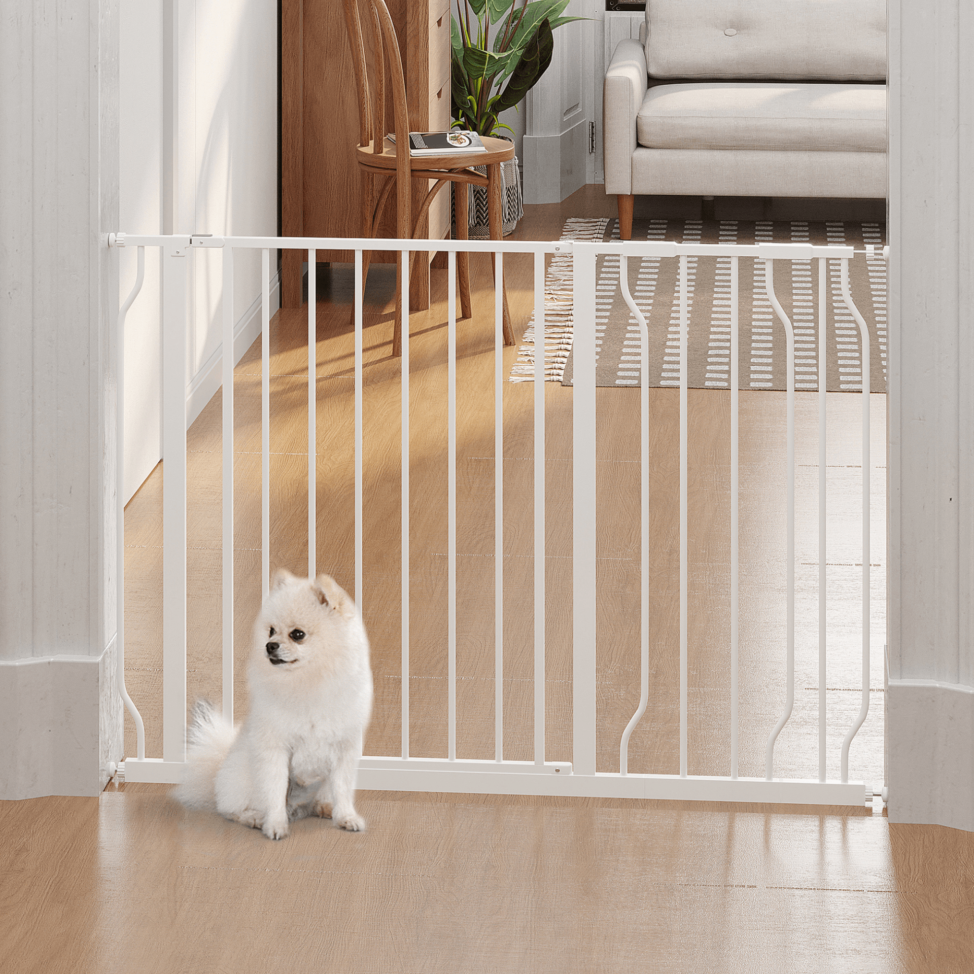 PawHut Dog Gate Wide Stair Gate w/ Door Pressure Fit Pets Barrier for Doorway, Hallway, 76H x 75-115W cm | White